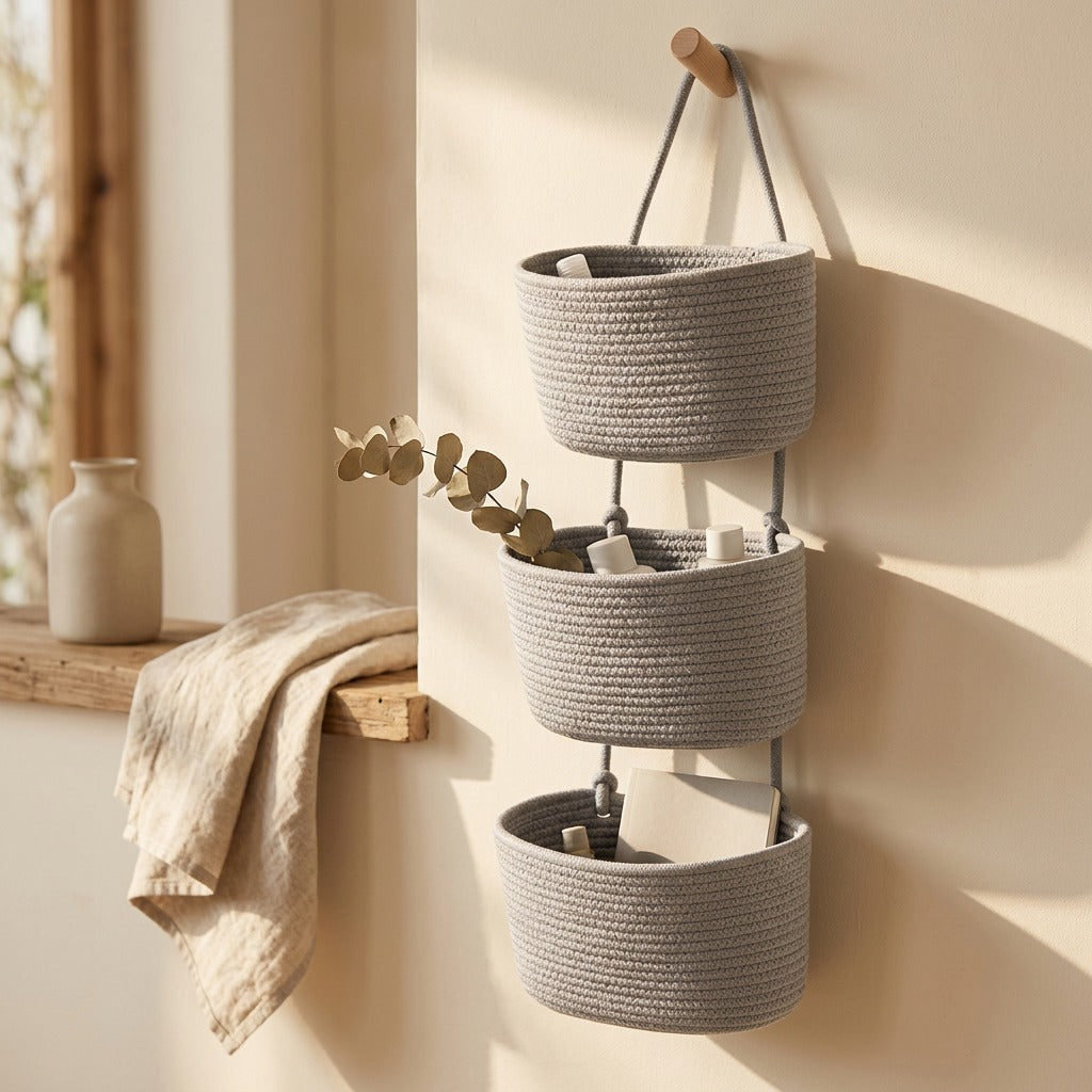 Cottonest™ Three-Layer Cotton Hanging Storage Basket, styled close view