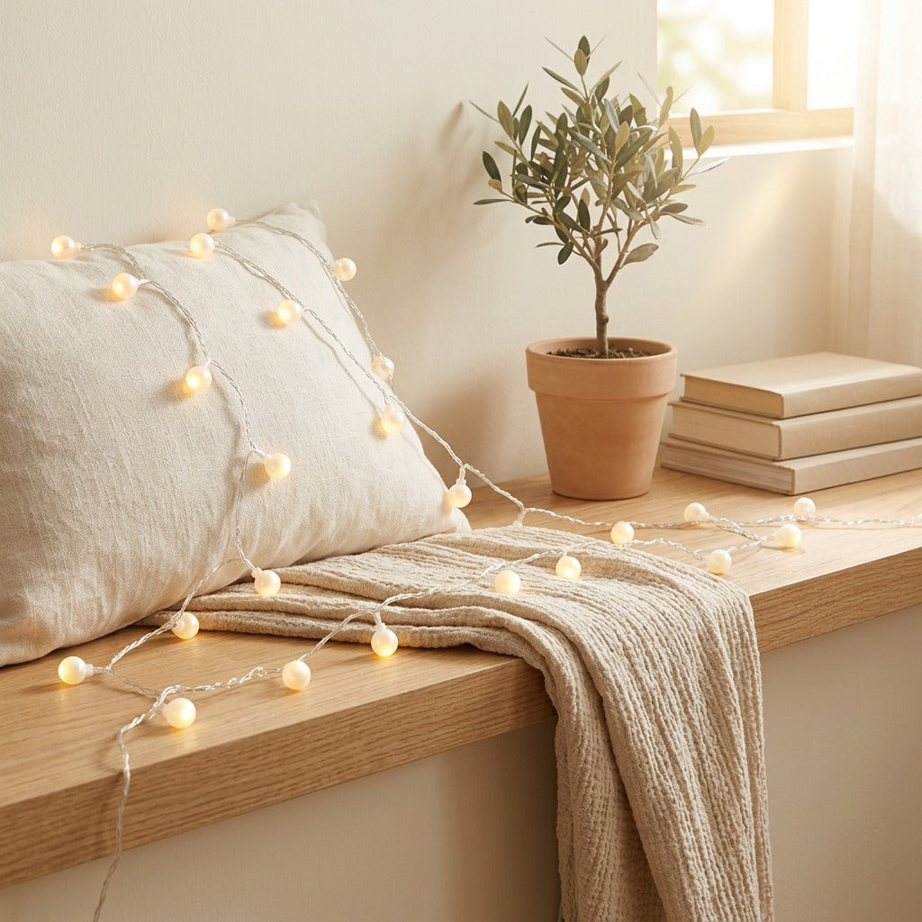Pearlstar™ Star Light String with Pearlescent Stars in a calm home setting