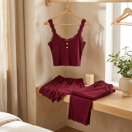 Laceease™ Lace Camisole Shorts Pajama Set in a calm home setting