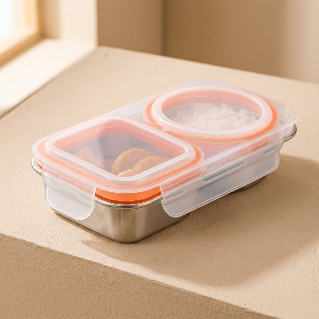 Twinkeep™ Stainless Steel Two-Compartment Storage Box, material and detail close-up