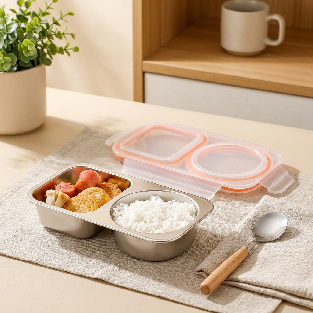 Twinkeep™ Stainless Steel Two-Compartment Storage Box in a calm home setting