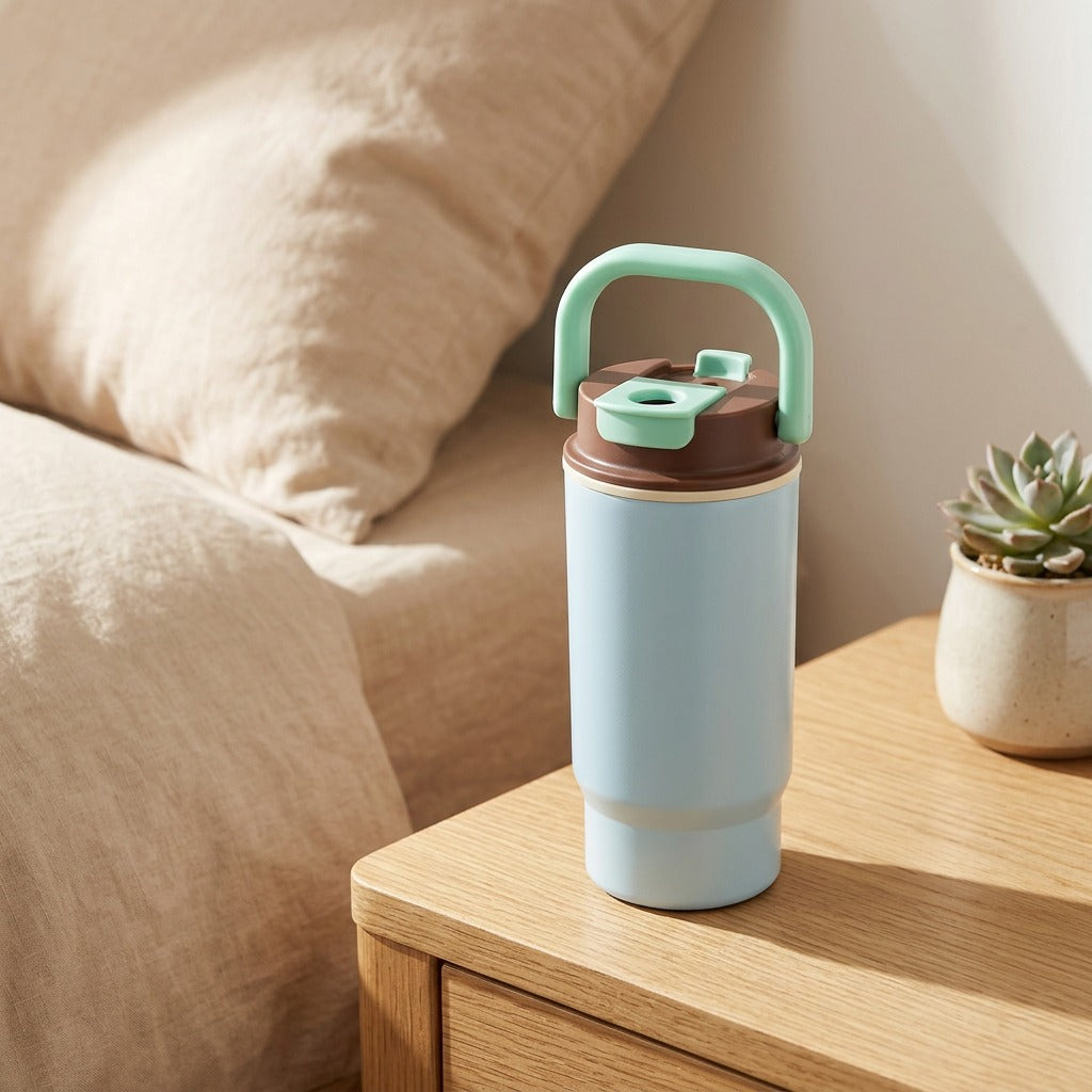 Strawwarm™ 316 Stainless Steel Thermos Cup With Straw in a calm home setting