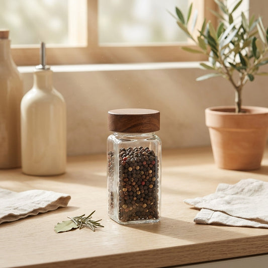 Spicesquare™ Square Glass Seasoning Jar in a calm home setting