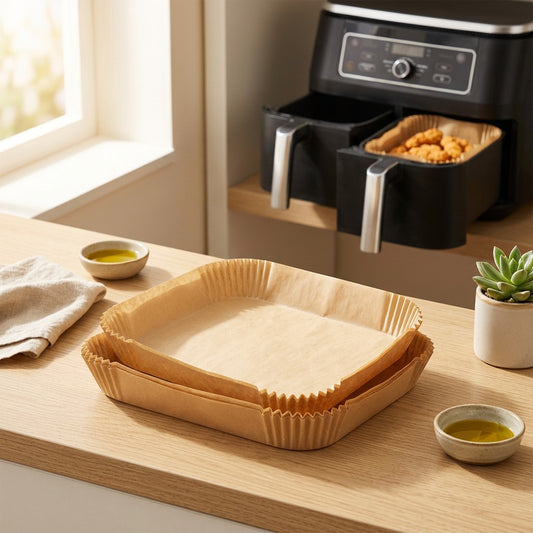 Linerleaf™ Silicone Paper Air Fryer Liners in a calm home setting