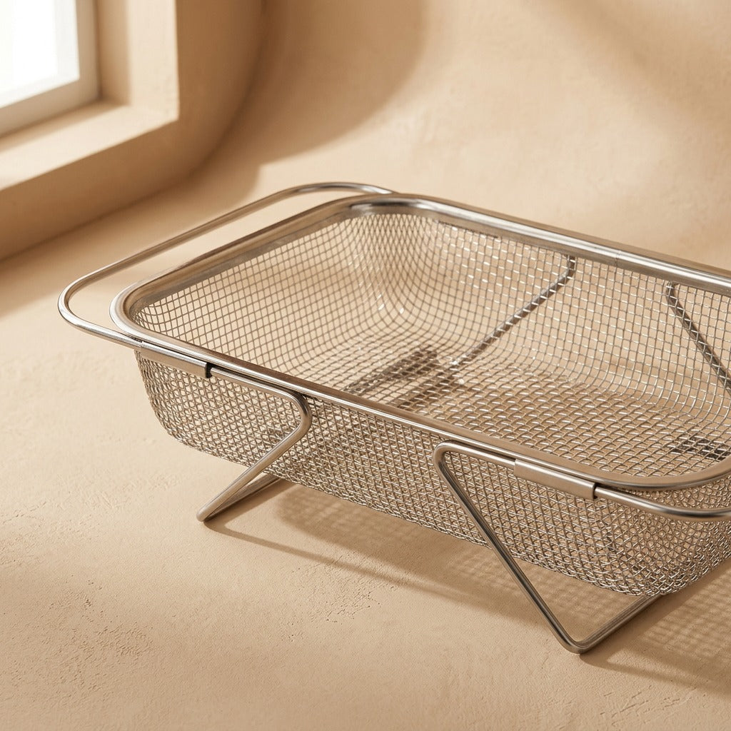 Dripcup™ Stainless Steel Sink Draining Basket, material and detail close-up