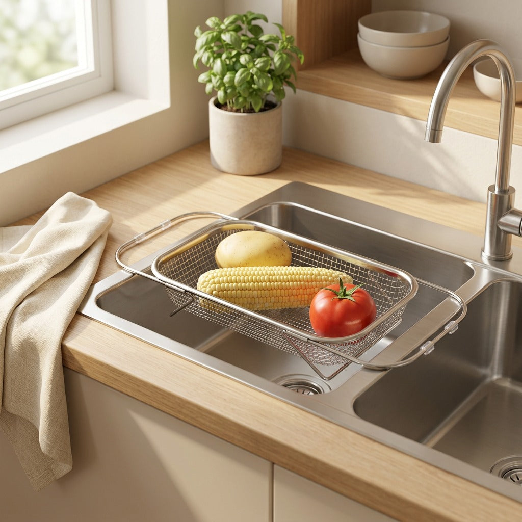 Dripcup™ Stainless Steel Sink Draining Basket in a calm home setting