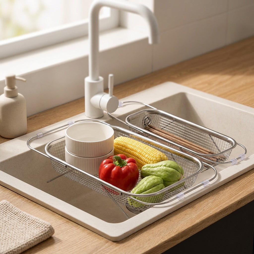 Dripcup™ Stainless Steel Sink Draining Basket, styled close view