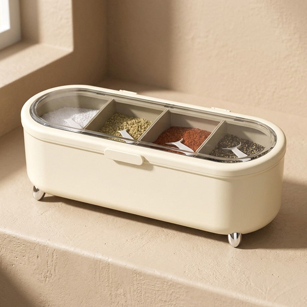 Spicequad™ Plastic Four-Compartment Seasoning Jar, material and detail close-up