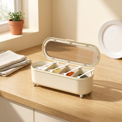 Spicequad™ Plastic Four-Compartment Seasoning Jar in a calm home setting