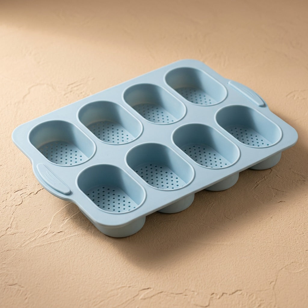 Loafcast™ Three-Slot Baguette and Eight-Hole Silicone Cake Mold, material and detail close-up