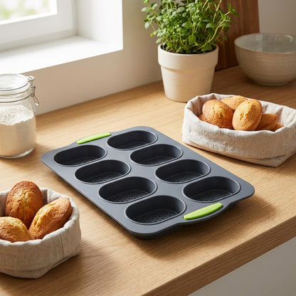 Loafcast™ Three-Slot Baguette and Eight-Hole Silicone Cake Mold in a calm home setting