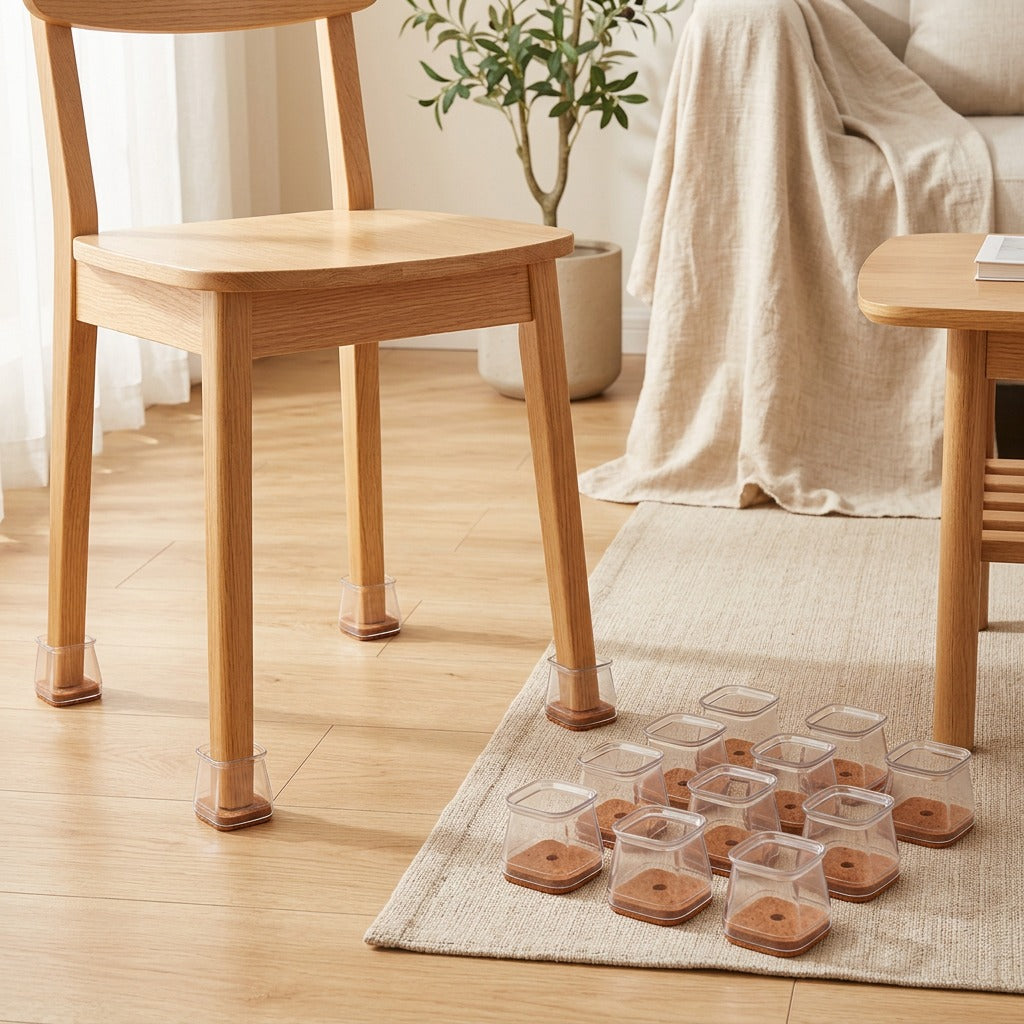 Squareglide™ 16-Piece Square Chair Leg Covers in a calm home setting