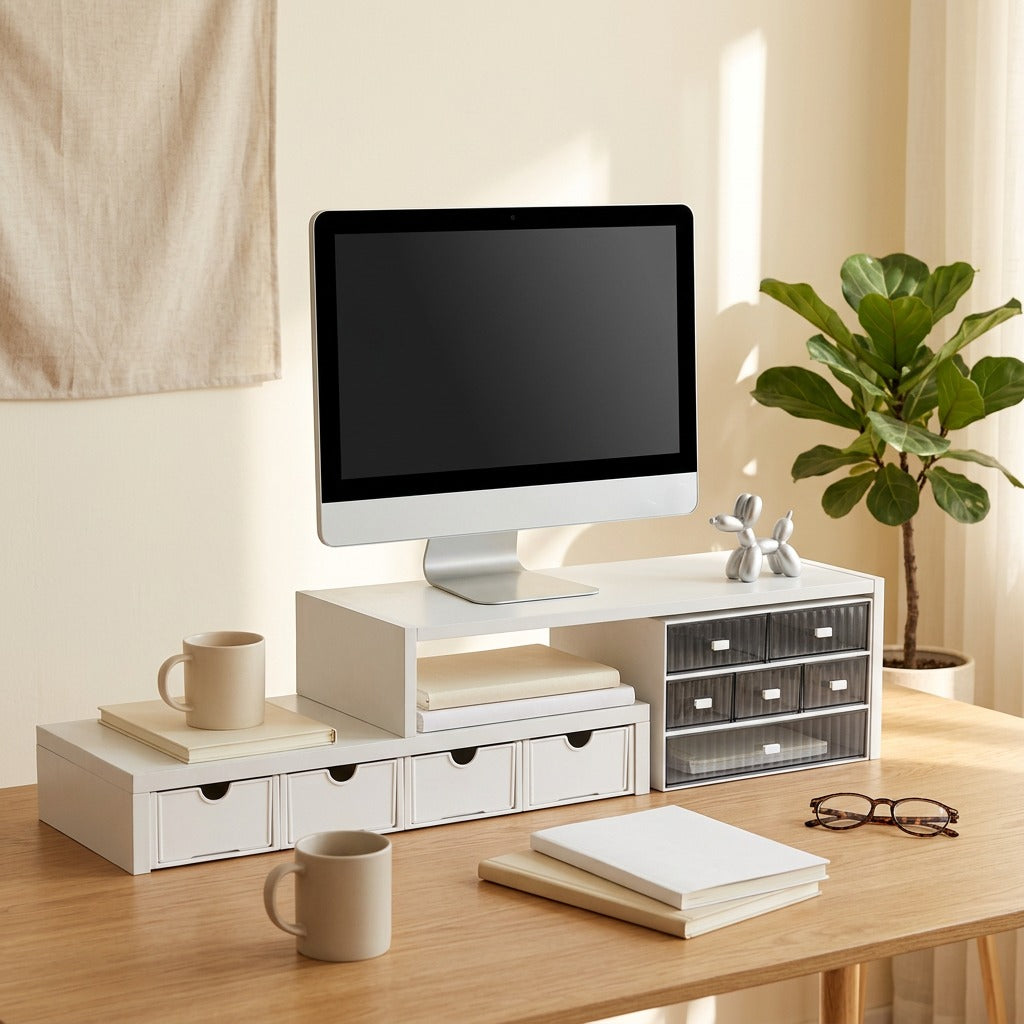 Tierledge™ Double-Layer Desktop Storage Rack in a calm home setting