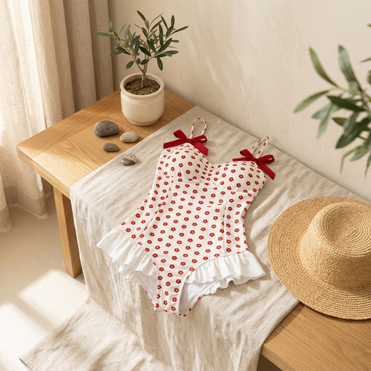Dotfloat™ Polka Dot Skirt-Style One-Piece Swimsuit in a calm home setting