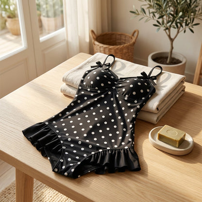 Dotfloat™ Polka Dot Skirt-Style One-Piece Swimsuit, styled close view