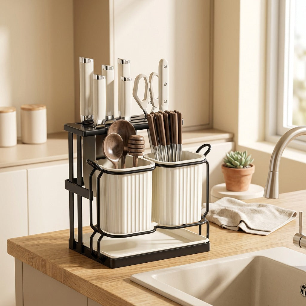 Edgestow™ Carbon Steel Kitchen Knife Storage Rack in a calm home setting