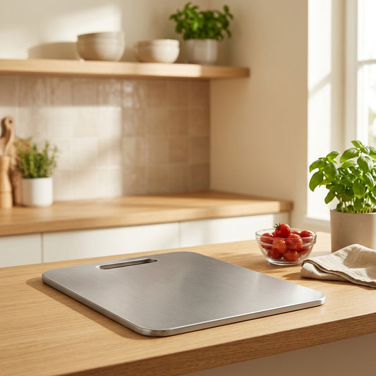 Chopsteel™ Stainless Steel Cutting Board in a calm home setting