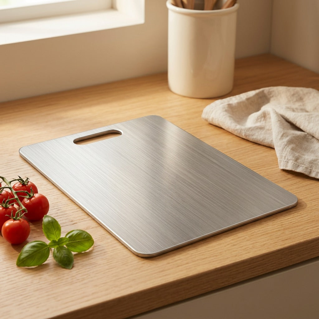 Chopsteel™ Stainless Steel Cutting Board, styled close view