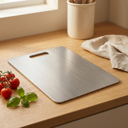 Chopsteel™ Stainless Steel Cutting Board, styled close view