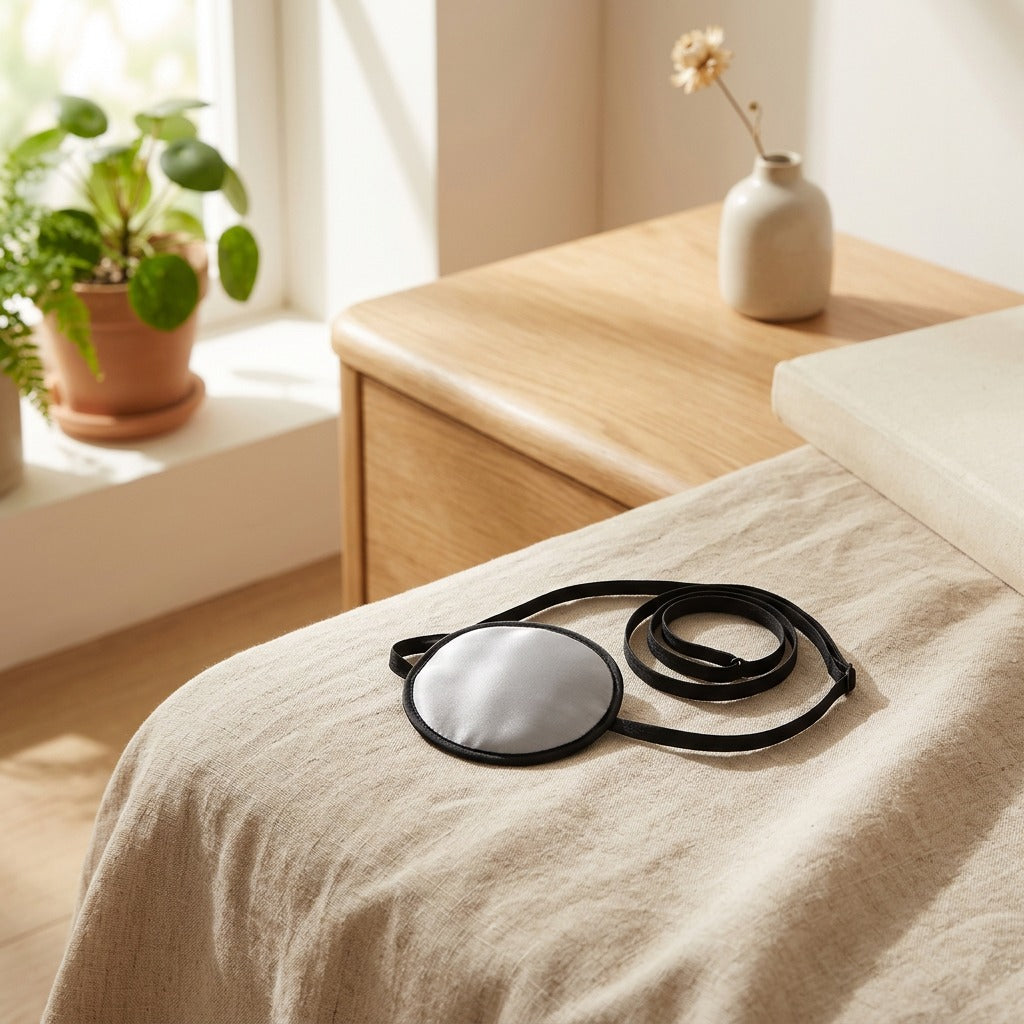Silkblink™ Mulberry Silk Eye Patch in a calm home setting