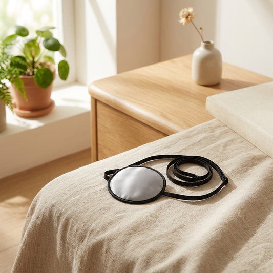 Silkblink™ Mulberry Silk Eye Patch in a calm home setting