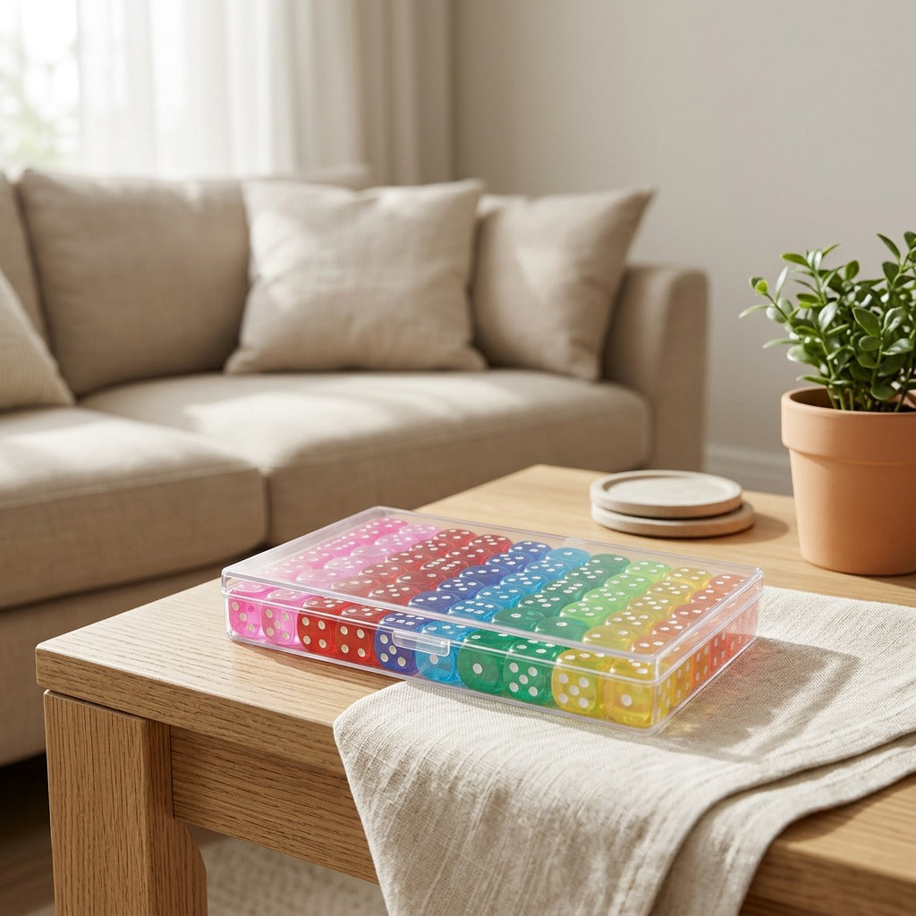 Dicegleam™ 16mm Acrylic Dice Set in Box in a calm home setting