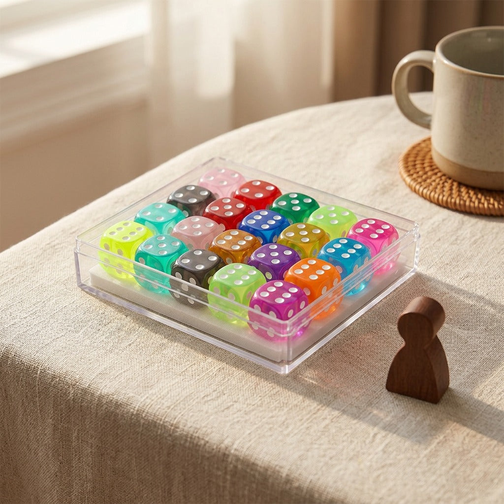 Dicegleam™ 16mm Acrylic Dice Set in Box, styled close view