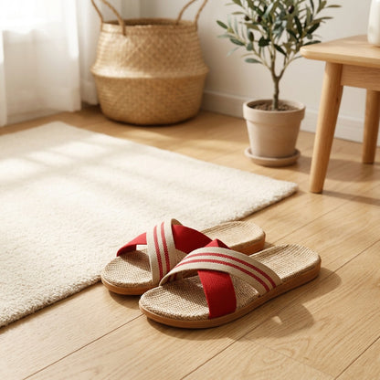 Linenloop™ Linen Cross-Strap Slippers in a calm home setting