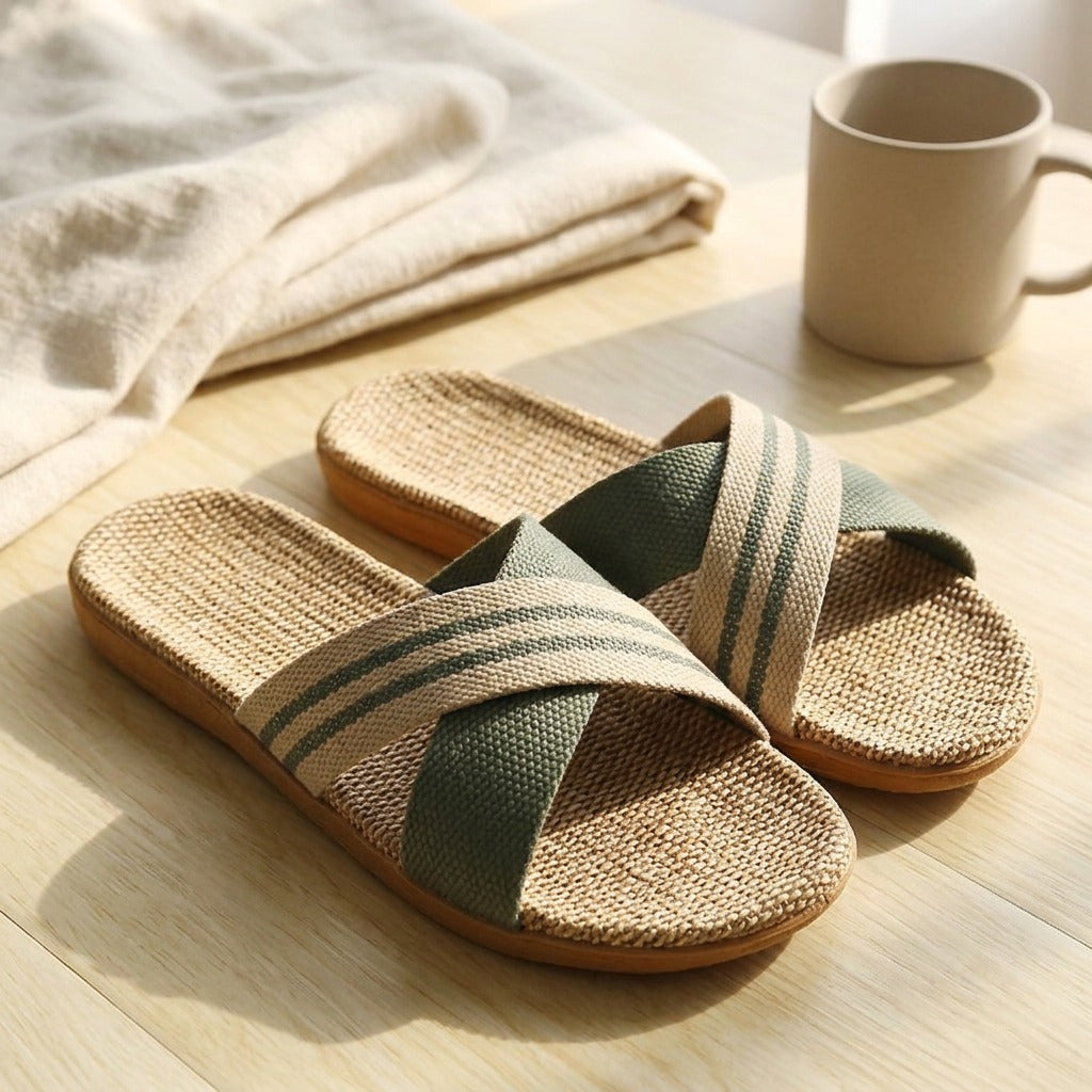 Linenloop™ Linen Cross-Strap Slippers, styled close view
