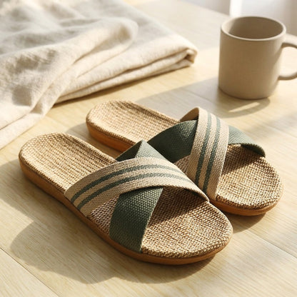 Linenloop™ Linen Cross-Strap Slippers, styled close view