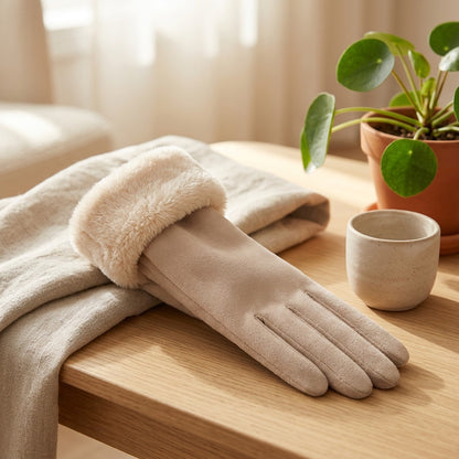 Velvettap™ Velvet Touch Screen Warm Gloves in a calm home setting