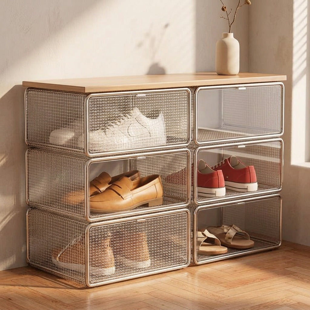 Shoehinge™ Foldable Stainless Steel Shoe Rack, styled close view