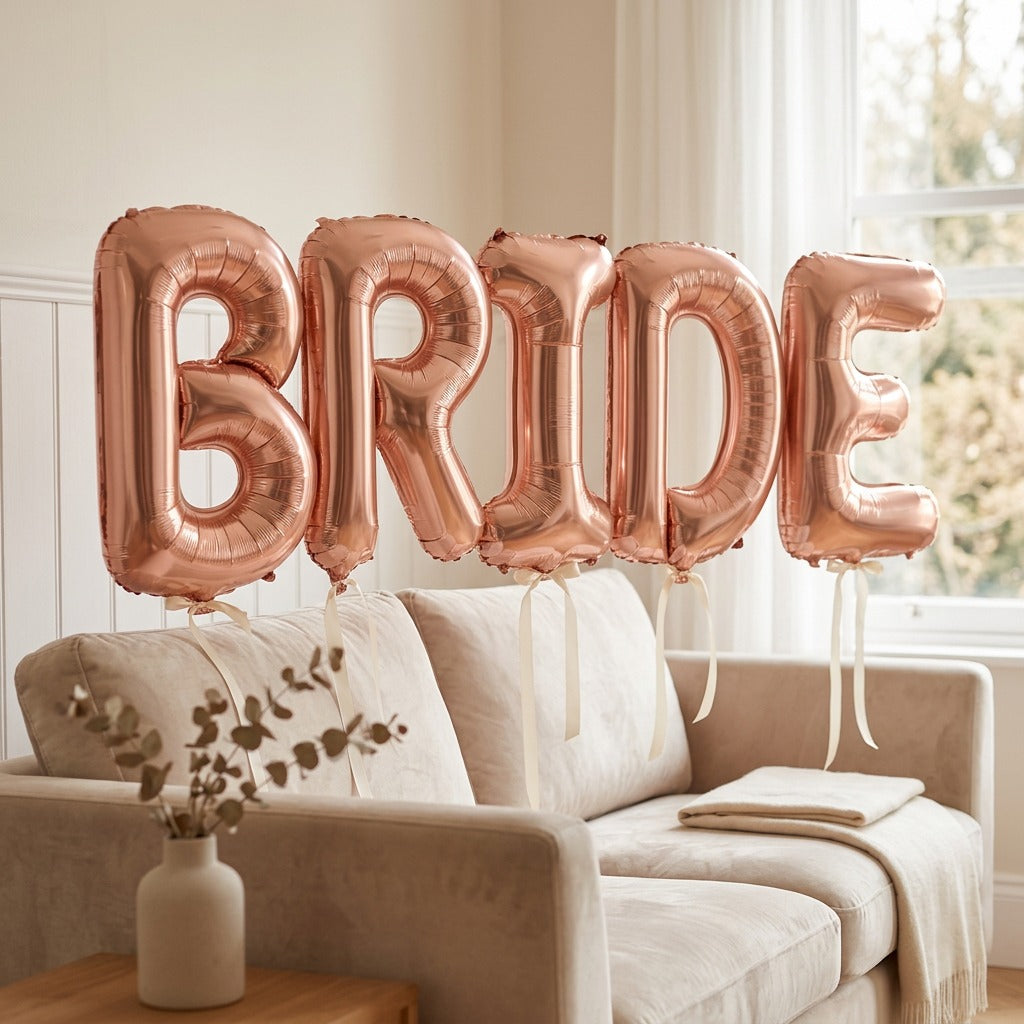 Vowpop™ BRIDE Letter Aluminum Film Balloon, styled close view