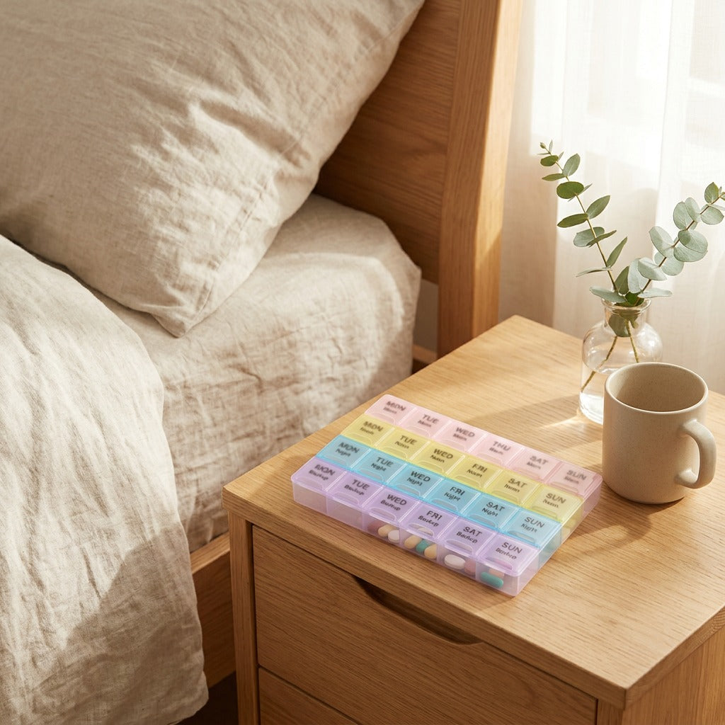 Pillnook™ 28-Grid Medicine Storage Box in a calm home setting