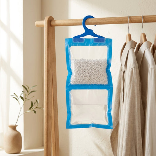 Dewpouch™ Hanging Dehumidification Bag in a calm home setting