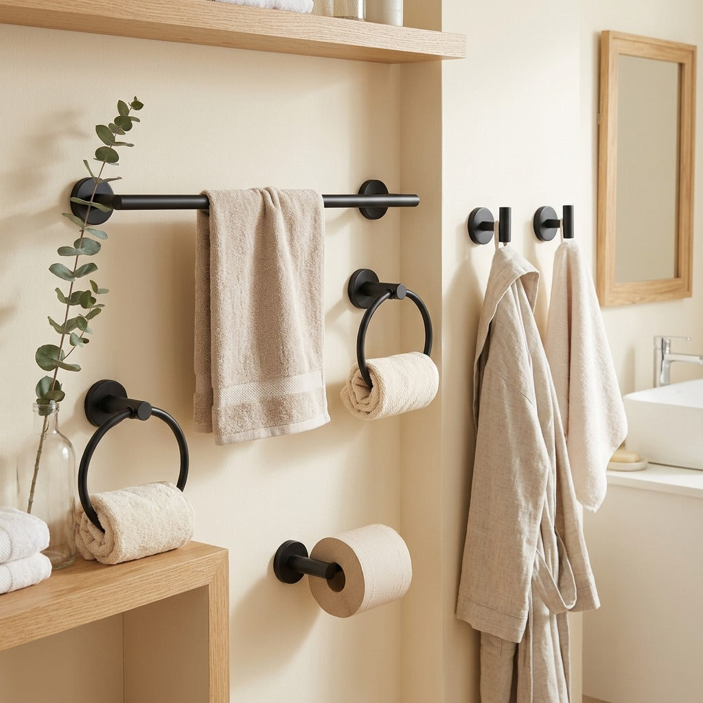 Bathgleam™ Stainless Steel Bathroom Accessory Set in a calm home setting