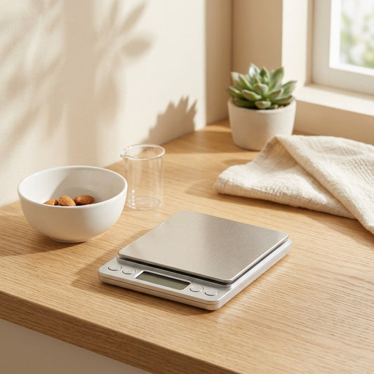 Gramwise™ Electronic Gram Kitchen Scale in a calm home setting