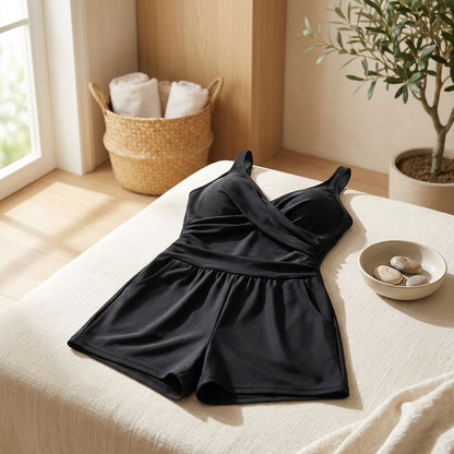 Tidepocket™ Women's One-Piece Swimsuit With Pockets in a calm home setting