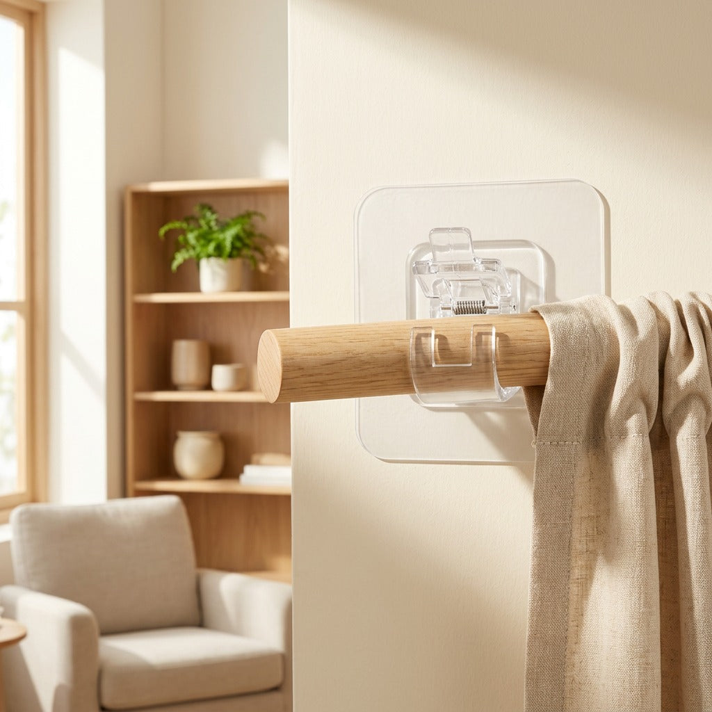 Rodcling™ Plastic Adhesive Curtain Rod Hook in a calm home setting