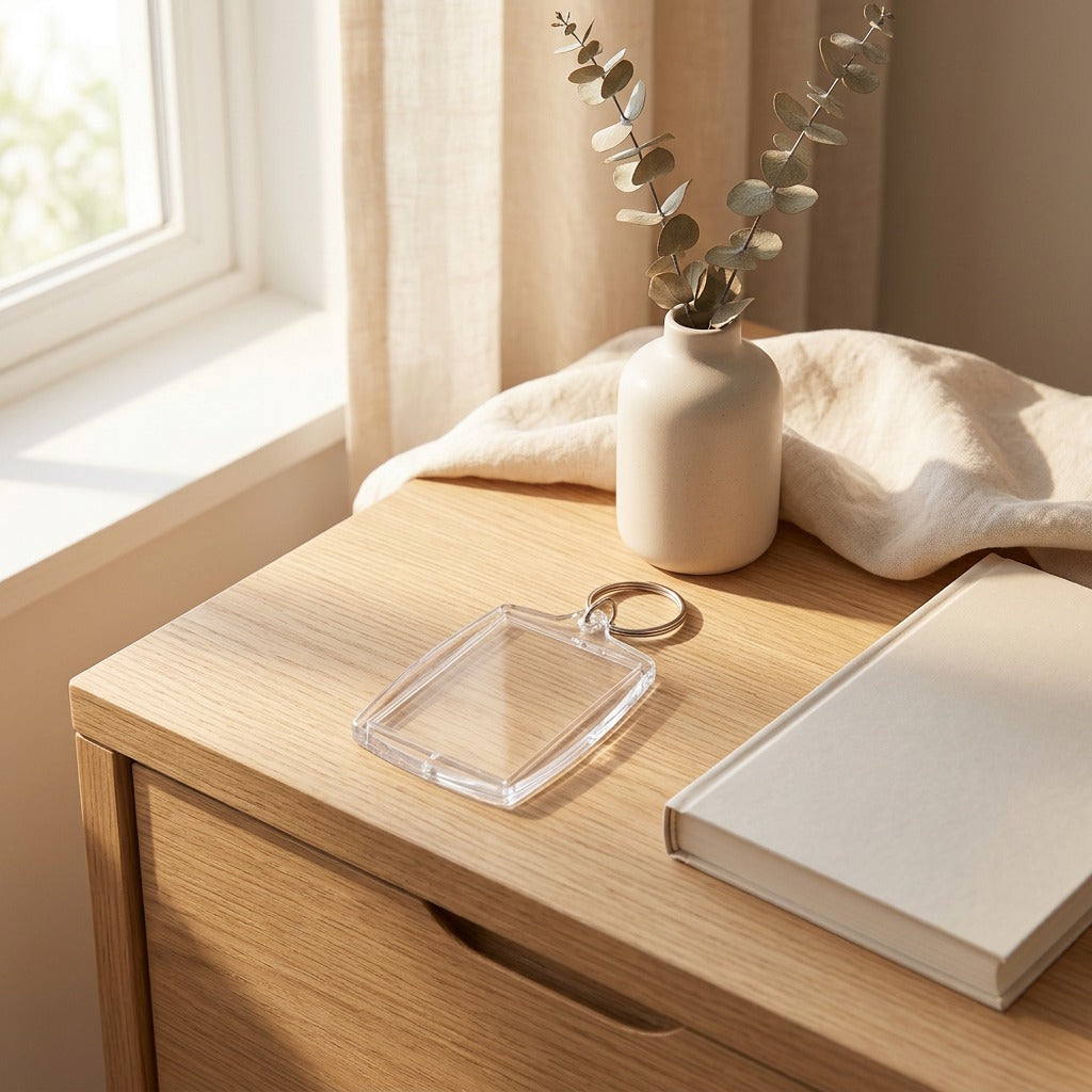 Pixkeep™ Acrylic Photo Frame Keychain in a calm home setting