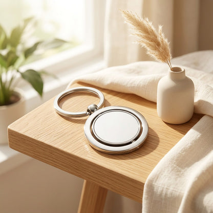 Twirlring™ Zinc Alloy Rotating Keychain in a calm home setting