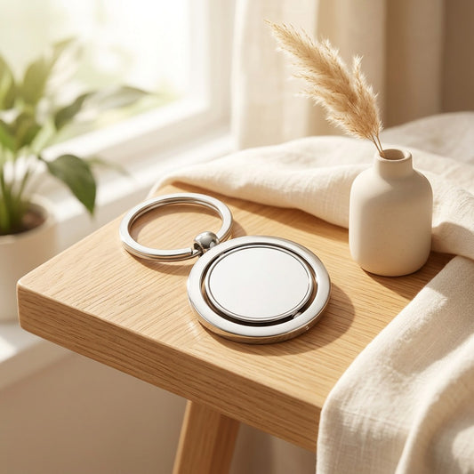 Twirlring™ Zinc Alloy Rotating Keychain in a calm home setting
