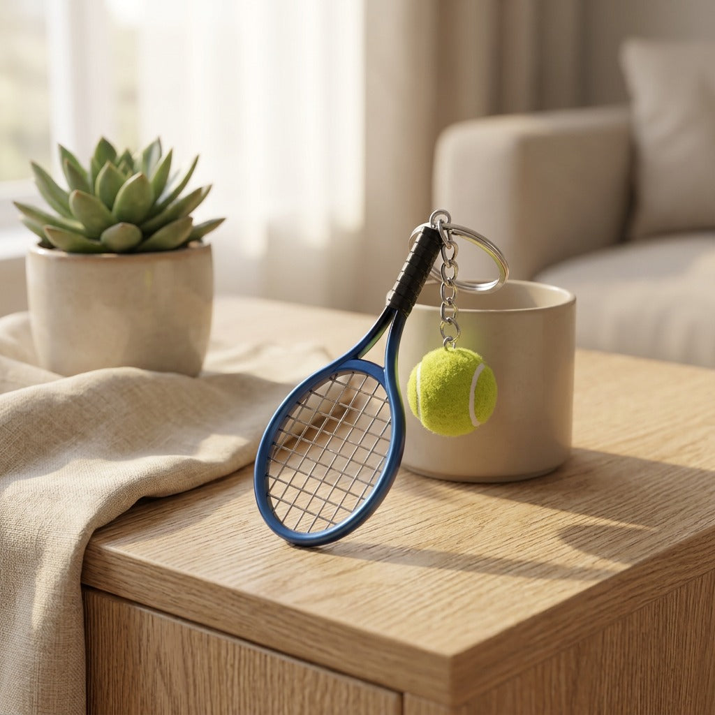 Courtclip™ Metal Tennis Racquet Keychain in a calm home setting