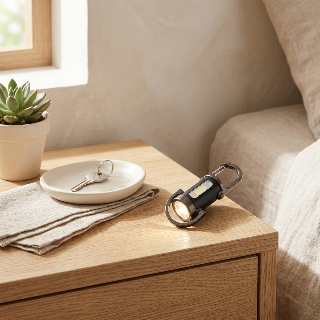 Flashbead™ LED Mini Keychain Flashlight in a calm home setting