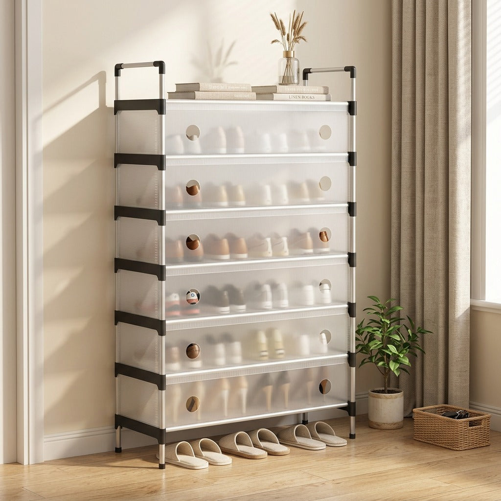 Shoehaven™ Plastic Dustproof Shoe Rack in a calm home setting