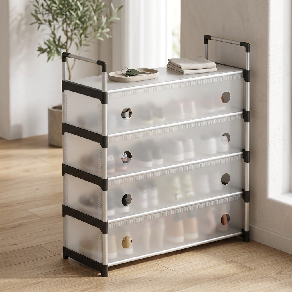 Shoehaven™ Plastic Dustproof Shoe Rack, styled close view