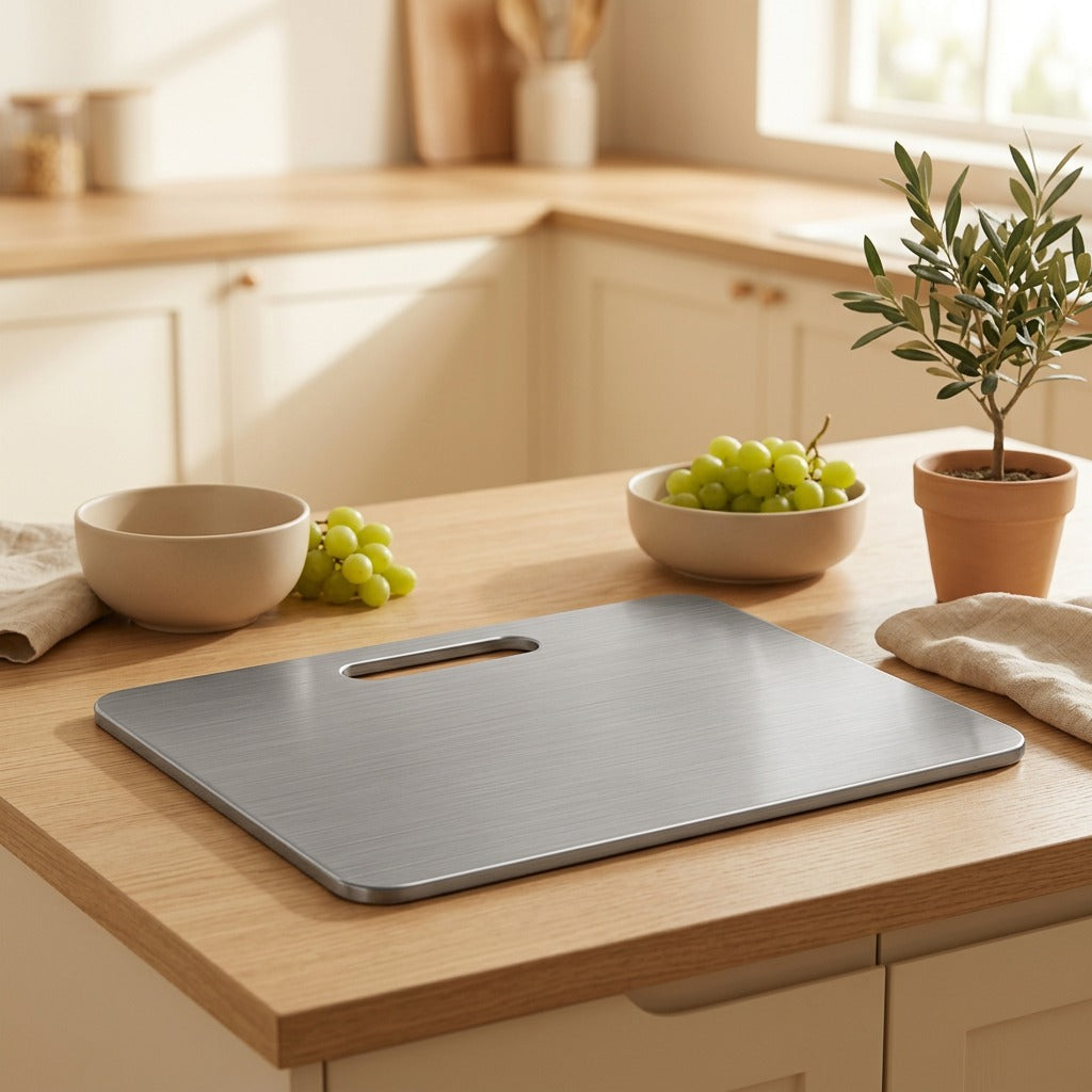Prepsteel™ Stainless Steel Cutting Board in a calm home setting
