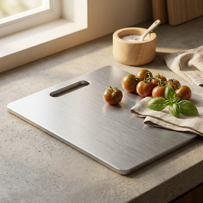 Prepsteel™ Stainless Steel Cutting Board, styled close view