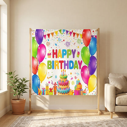 Partyveil™ Happy Birthday Backdrop Cloth in a calm home setting