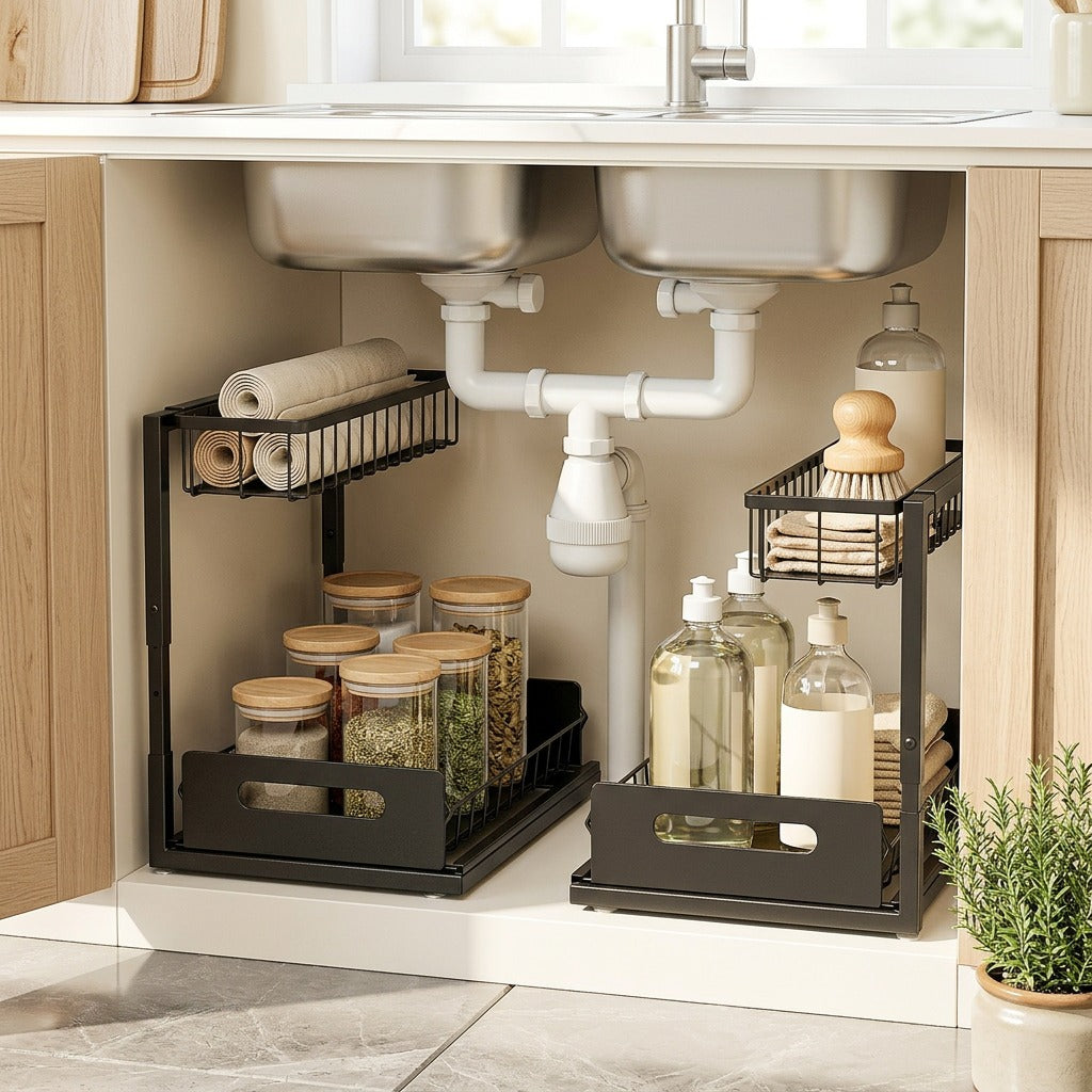 Spicetuck™ Carbon Steel Under-Sink Spice Rack in a calm home setting